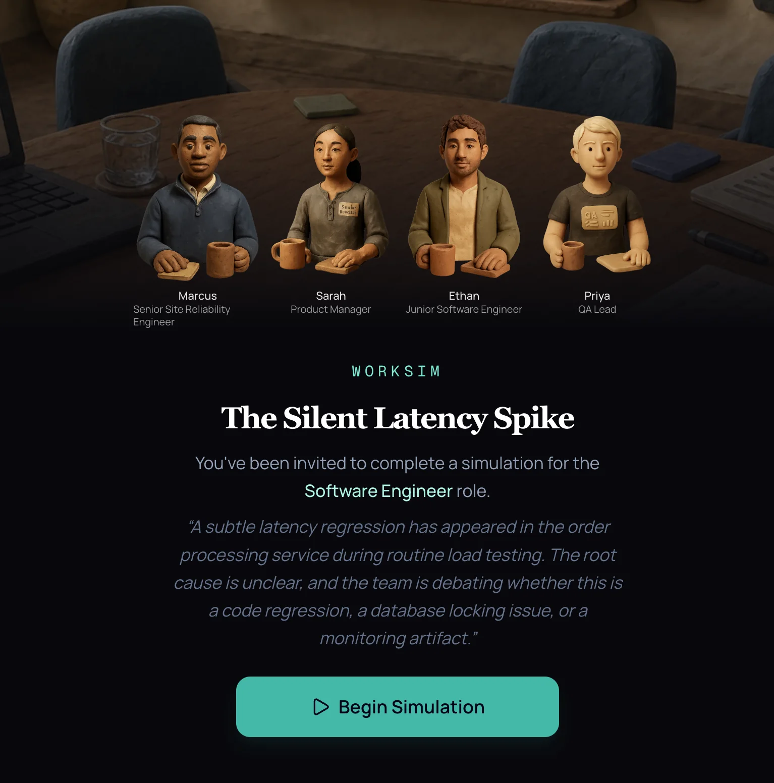 WorkSim invitation for a software engineering simulation with four workplace characters